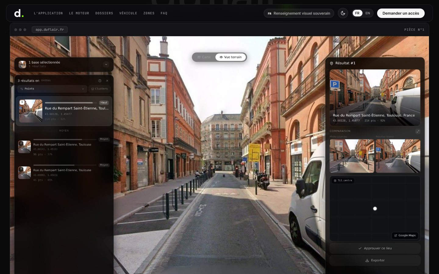 Capture d'écran de duflair.fr : l'application localise une photo rue du Rempart Saint-Étienne, à Toulouse